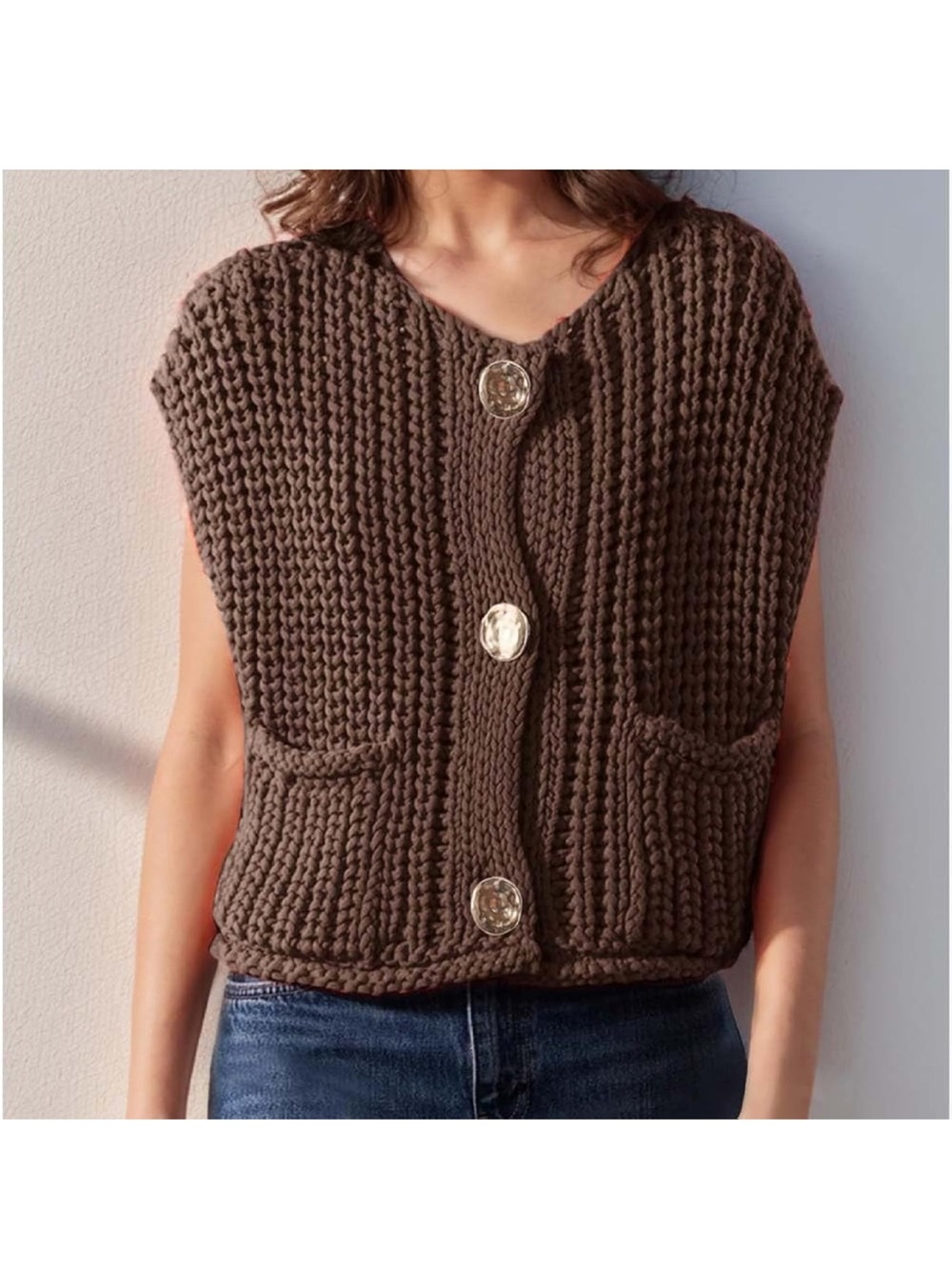 Chunky Knit Brown Button-Front Women's Sweater Vest